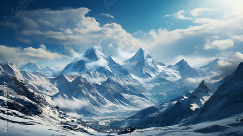 Montagnes enneigé, ciel bleu, nuage, neige, lac, Europe, Suisse © Johnny