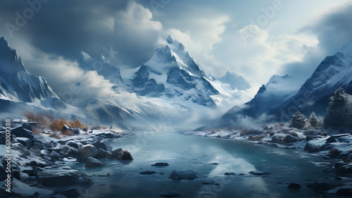 Montagnes enneigé, ciel bleu, nuage, neige, lac, Europe, Suisse