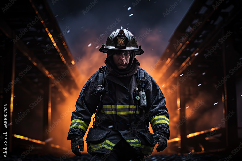 Firefighters extinguish a fire in a residential building at night. Firefighters extinguish a fire in a residential building at night.