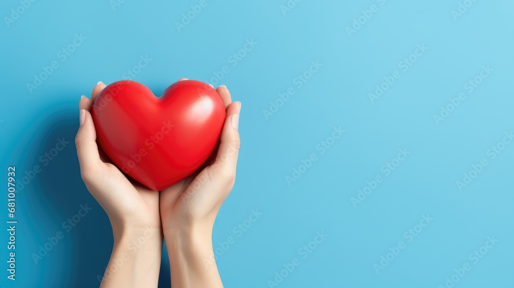 Love and Care: Hands Embracing a Red Heart on a Serene Blue Background Love and Care: Hands Embracing a Red Heart on a Serene Blue Background