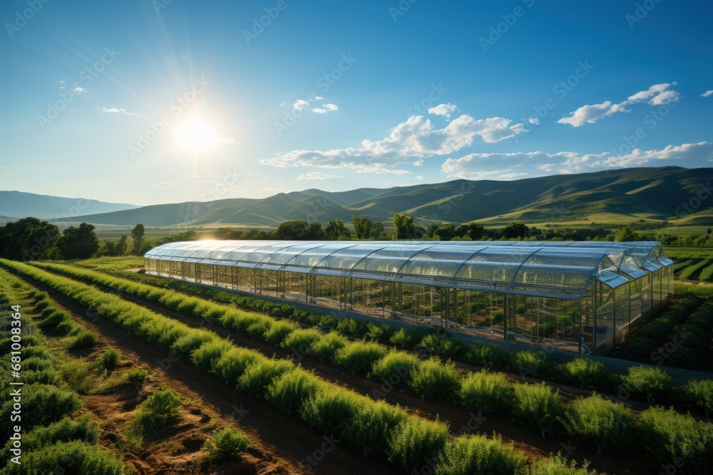 Greenhouse on the background of the summer landscape. Agricultural Concept. Harvest Concept. Greenhouse.   Farming.