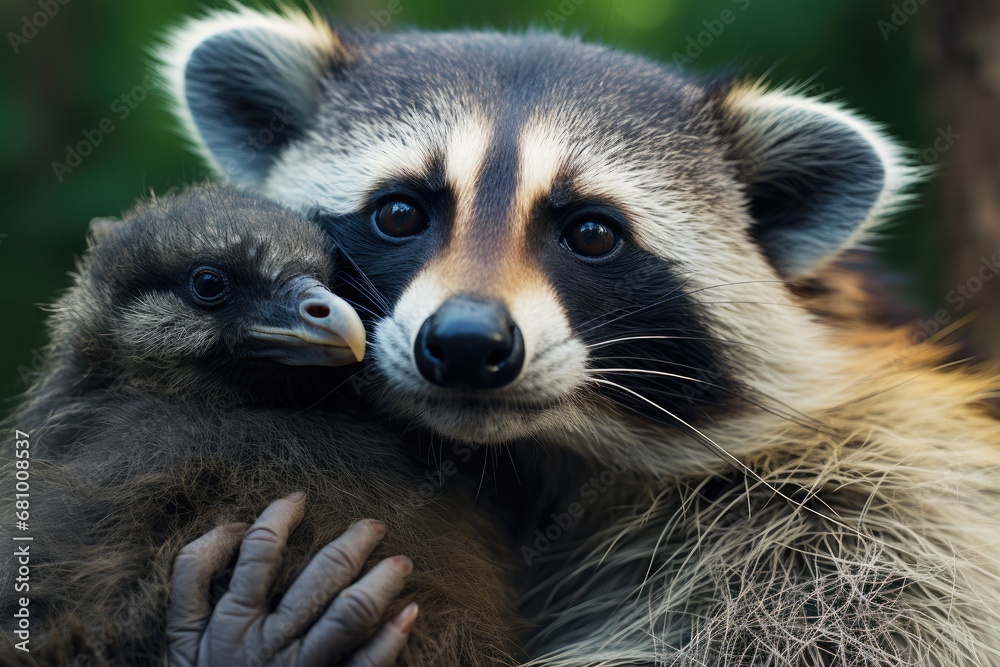 A raccoon hug a small bird in nature