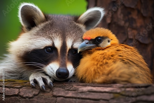 Cute raccoon and a small bird in nature