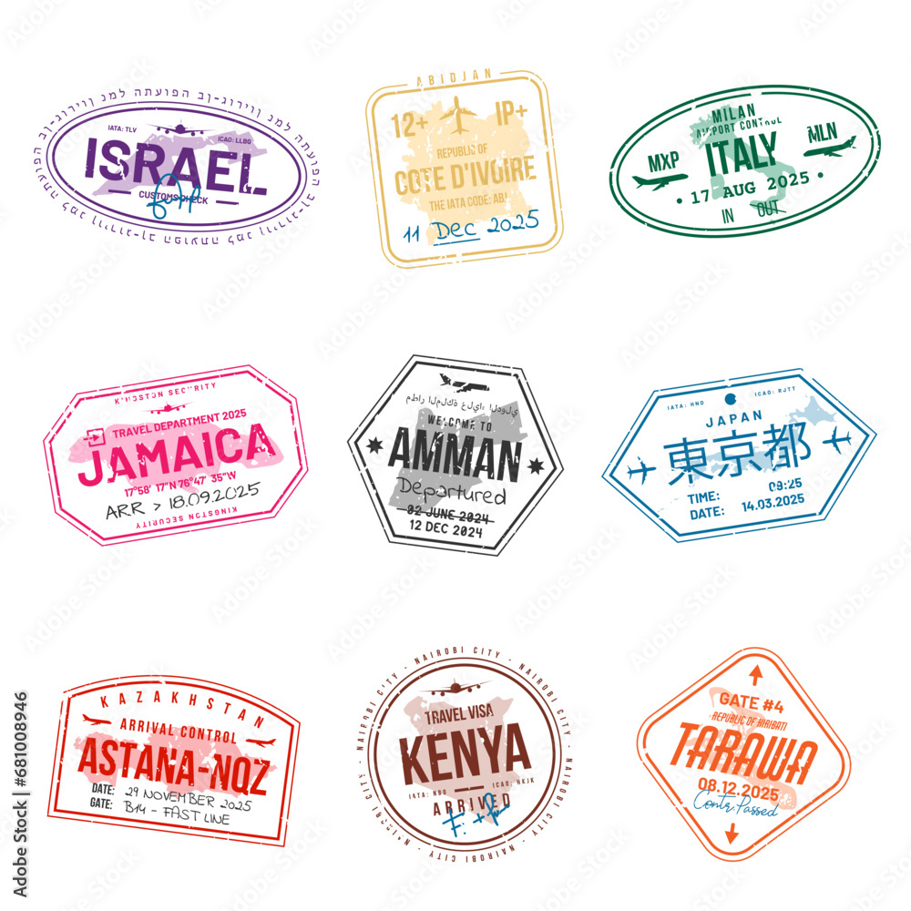 Set of travel visa stamps for passports. Abstract international and immigration office stamps. Arrival and departure customs visa stamps to country. Vector - obrazy, fototapety, plakaty 