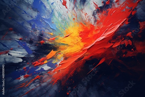 Dynamic explosion of vibrant blue and red paint splashes. Abstract art and creativity.