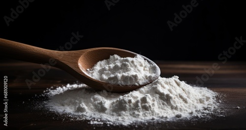 White Wheat Flour Pile In Wooden Spoon. Front View Of Powder Heap On Wood Brown Table. Baking Starch Over a Dark Background. Cooking Ingredient. photo