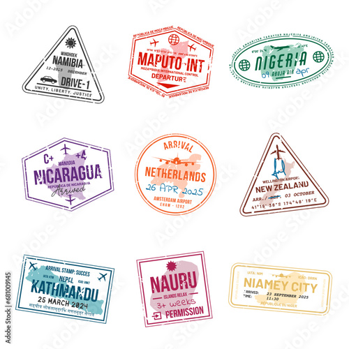 Set of travel visa stamps for passports. Abstract international and immigration office stamps. Arrival and departure customs visa stamps to country. Vector