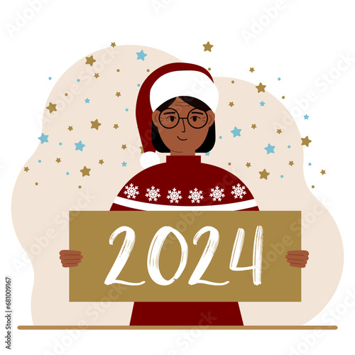 A woman in a Christmas red hat with snowflakes holds a Happy New Year 2024 card.
