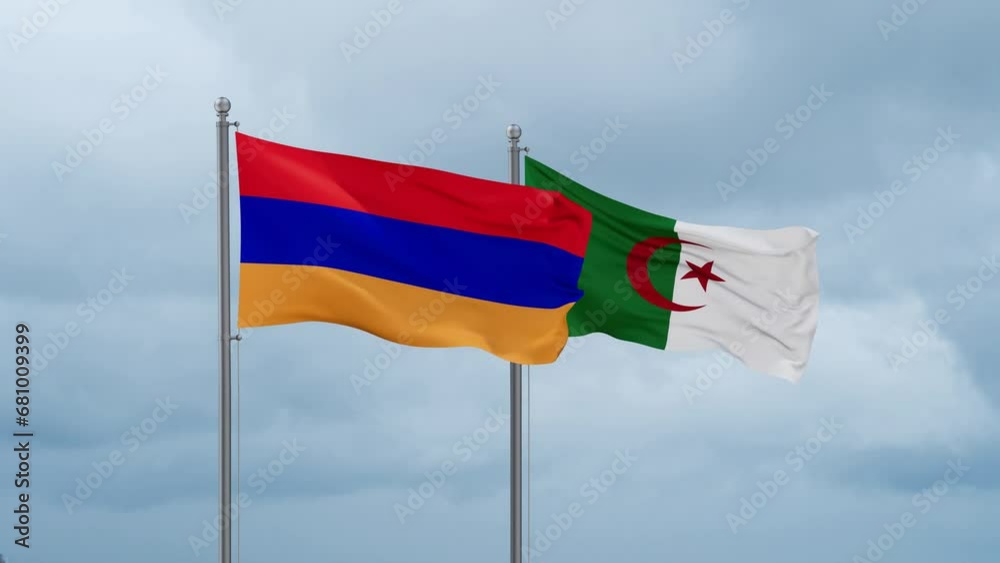 Armenia flag and Algeria flag waving together on cloudy sky, endless seamless loop Armenia flag and Algeria flag waving together on cloudy sky, endless seamless loop