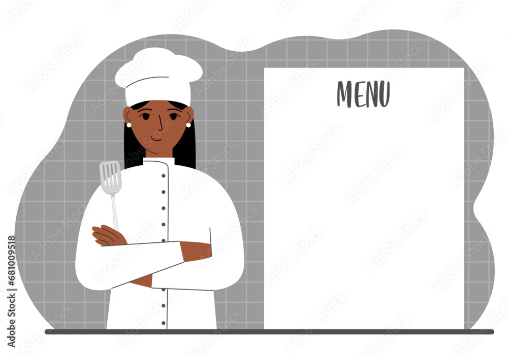 A chef in a cap stands next to a white sheet for placing a menu for a restaurant or cafe.