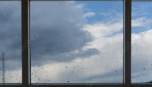 window raindrops on surface against blue cloudy sky after storm rainy weather