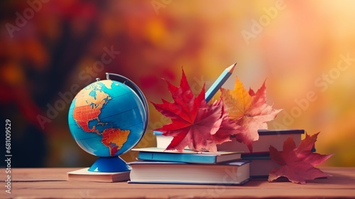 globe and books stack of books and autumn leaves photo