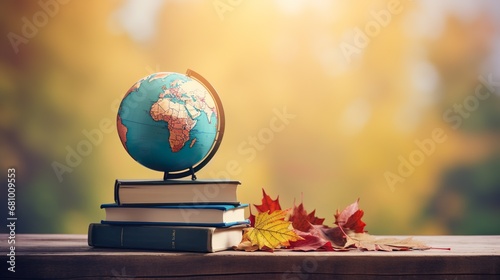 globe and books stack of books and autumn leaves