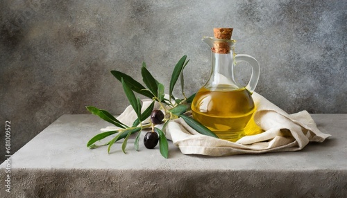 food background with linen napkin olive tree branch olive oil on concrete background