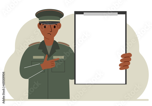 A man in a military uniform is holding a large clipboard with plenty of space for text. Vector