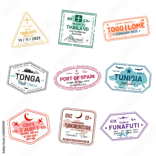 Set of travel visa stamps for passports. Abstract international and immigration office stamps. Arrival and departure customs visa stamps to country. Vector photo
