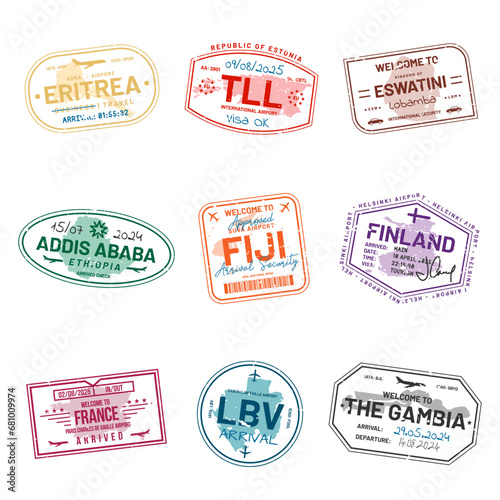 Set of travel visa stamps for passports. Abstract international and immigration office stamps. Arrival and departure customs visa stamps to country. Vector