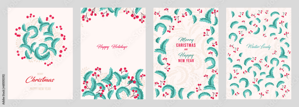 Set greeting cards Merry Christmas, Happy New Year with vector hand drawn floral background. Winter Holidays template with copy space. Trendy retro style.  Illustration of printing