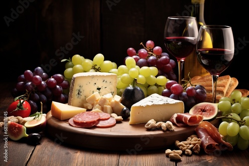 Assorted cheeses, grapes, jamon and wine on the table close-up