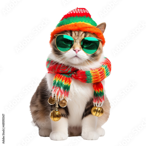 photo of a beautiful cat wearing sunglasses and hat dressed for the upcoming christmas theme isolated on white background PNG © JetHuynh