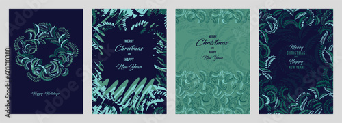 Set greeting cards Merry Christmas, Happy New Year with vector hand drawn frame floral background. Winter Holidays template with copy space. Illustration of printing, poster, sale, invitation