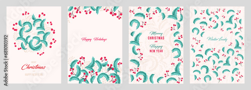 Set greeting cards Merry Christmas, Happy New Year with vector hand drawn floral background. Winter Holidays template with copy space. Trendy retro style.  Illustration of printing