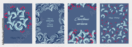 Blue Christmas templates with copy space. Set greeting cards Merry Christmas, Happy New Year with vector hand drawn decorative, abstract, artistic Christmas wreath, winter ornament