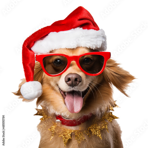 photo of a beautiful dog wearing sunglasses and hat dressed for the upcoming christmas theme isolated on white background PNG photo