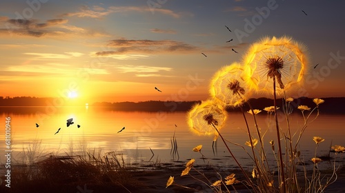 Vintage dandelion flowers in the meadows. Abstract oil painting sunset at flower field in soft golden brown color and blur style with bokeh background.