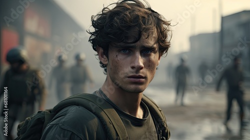 young men with curly hair in a war torn city - cinematic still shot