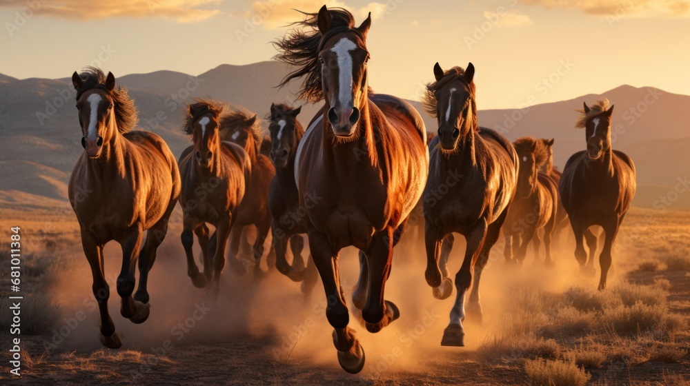 A majestic herd of wild horses galloping freely through