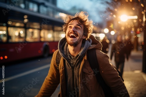 A happy man is stopping a bus on a city street © sirisakboakaew