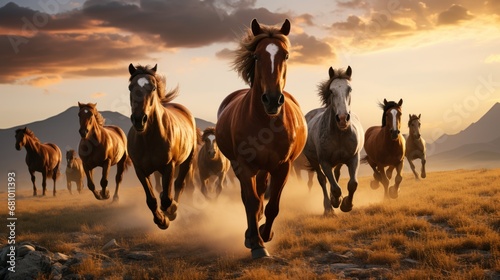 A majestic herd of wild horses galloping freely through photo