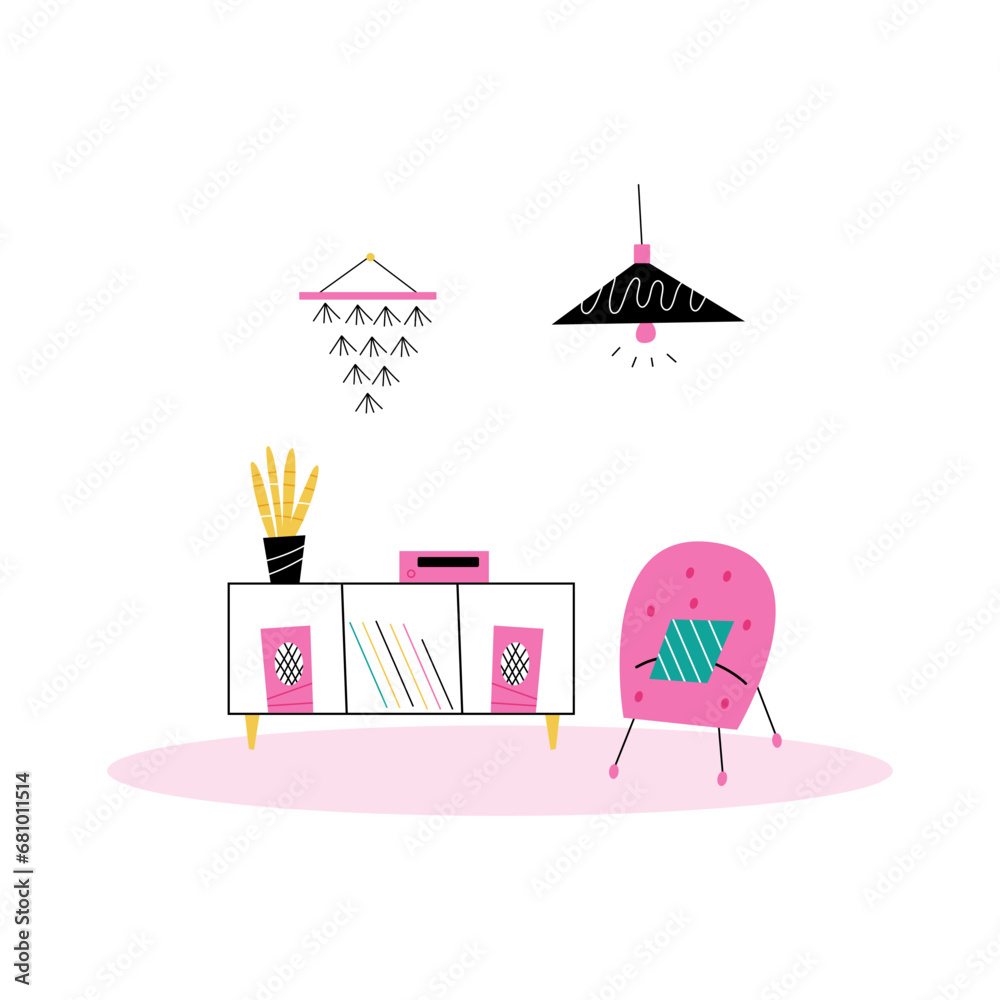 Obraz premium Music room interior with armchair, decorations and house plant. Modern flat style vector illustration.