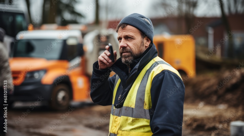 A proud engineer is standing on construction site with tablet in his hands and showing at the site with foundation. A proud engineer is standing on construction site with tablet in his hands and showing at the site with foundation.