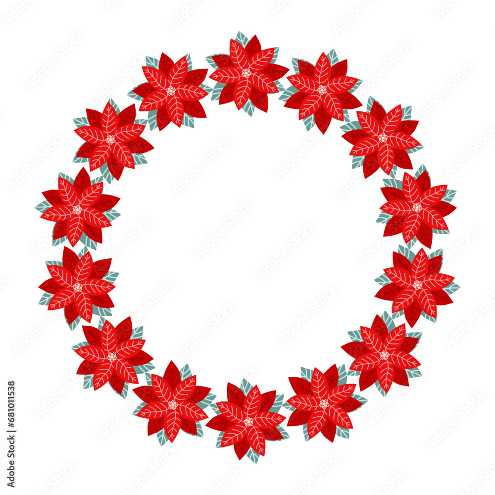 Clip art of Christmas poinsettia flower wreath on isolated white background. Retro forest shapes. Design for Christmas home decor, holiday greetings, Christmas and New Year celebration. Clip art of Christmas poinsettia flower wreath on isolated white background. Retro forest shapes. Design for Christmas home decor, holiday greetings, Christmas and New Year celebration.