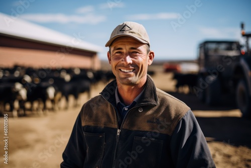 A proud livestock worker stands in front of the barns photo