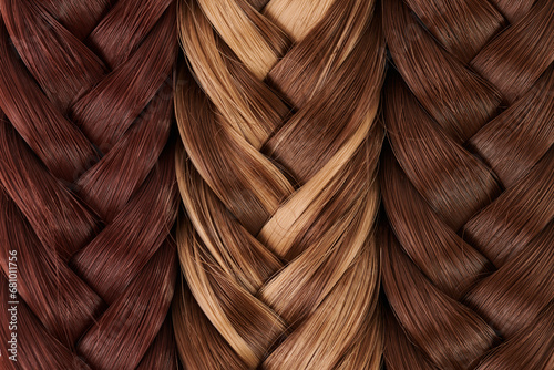 Natural looking shiny hair braided in pigtail of different colors closeup background photo
