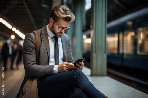 young elegant businessman is leaning on a pillar at station and waiting for transport while using his phone.