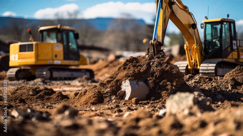 Obraz premium Cropped image of an excavator removing soil on a job site.