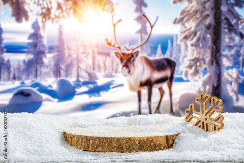 Table covered with snow and frost, place for your product, wooden podium and Christmas decoration, blurry natural background of forest landscape and reindeer, Christmas magical december  time,  photo