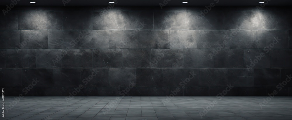 Dark Empty Loft Room with Black Brick Wall, Tile Floor And Spotlights. Industrial Studio Interior With Copy Space - obrazy, fototapety, plakaty 
