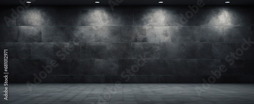 Dark Empty Loft Room with Black Brick Wall, Tile Floor And Spotlights. Industrial Studio Interior With Copy Space photo
