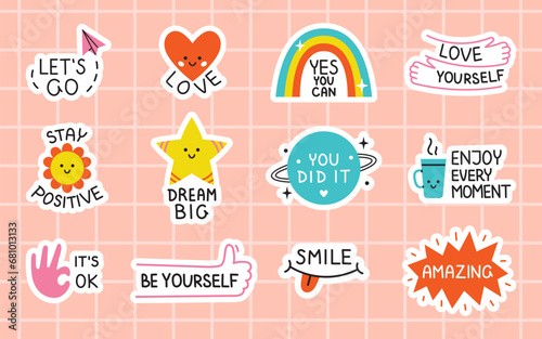 Vector motivational sticker pack. Cute sticker set with positive phrases. Motivation stickers for planner. © Ulyana Mo