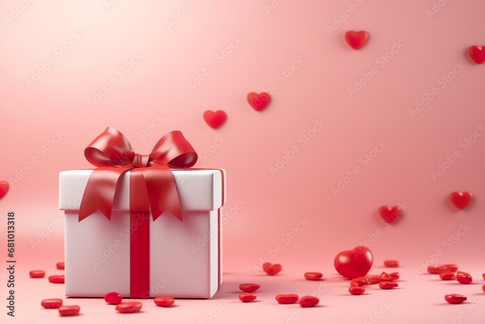 Elegant Valentine's Day Gift Box Surprise and Ribbon in Pink and Red, A Stylish Presentation of Your Love, Copy Space for text background