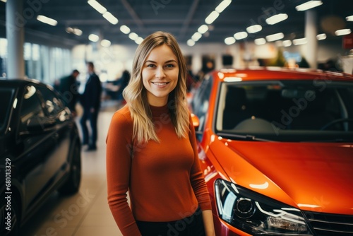 Friendly, smiling female seller showing brand new car photo