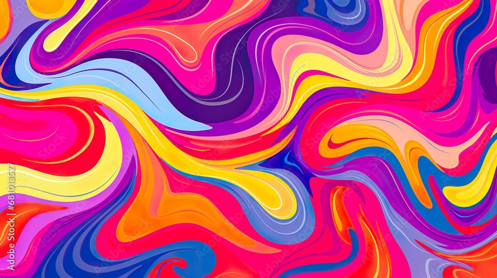 Groovy retro seamless pattern. Disco wavy rainbow background liquid. Trippy psychedelic swirl summer backdrop.