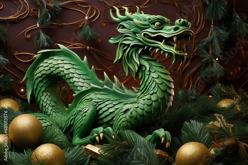 Year of the dragon, Chinese style New Year card. The fabulous green wooden dragon. A cute cartoon green dragon.