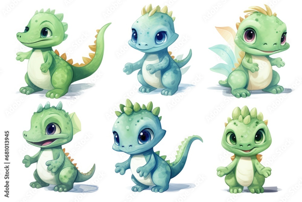 Naklejka premium A Collection of Playful Cartoon Green Dinosaurs in Various Poses