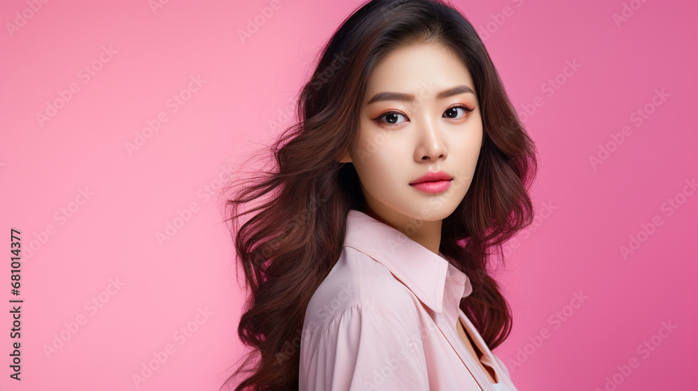 Beautiful young Asian woman on pink background, ai technology Beautiful young Asian woman on pink background, ai technology